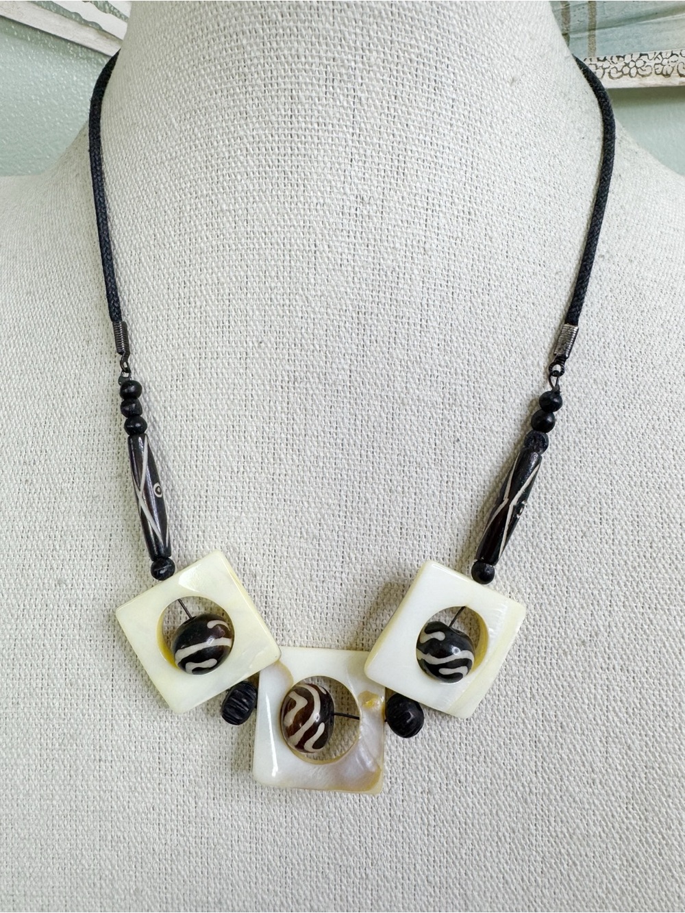 Hand Crafted Black and Cream Geometric Statement Necklace Wood and MOP